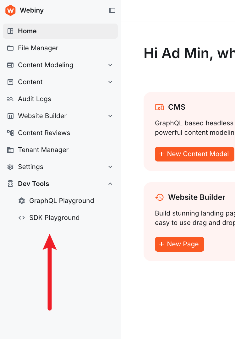 Dev Tools section in the admin sidebar